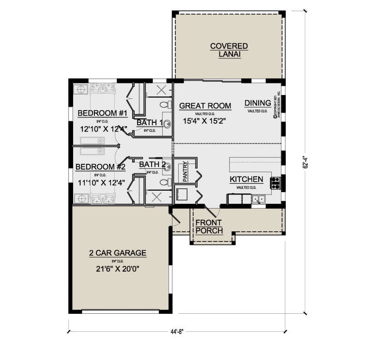 Main floor plan drawing with 2BR, 2BA, vaulted kitchen/great room, pantry, 2-car garage, front porch, and covered lanai. House Plan # 5565-00188