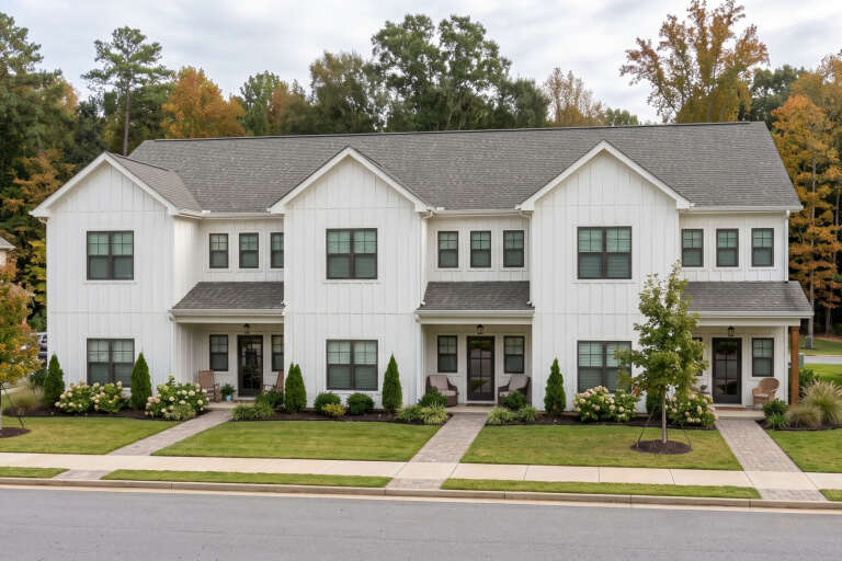Front view of a white house in Modern Farmhouse style, board-and-batten siding, dark windows, and multiple entryways. House Plan # 963-01353