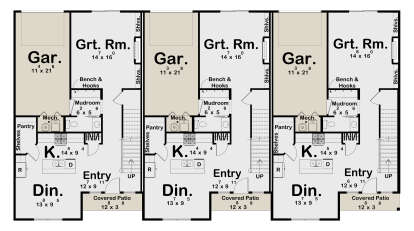 Main floor plan drawing with 3 townhome units, each with 1-car garage, kitchen, dining, great room, mudroom, and patio. House Plan # 963-01353
