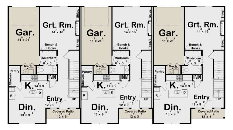 Main floor plan drawing with 3 townhome units, each with 1-car garage, kitchen, dining, great room, mudroom, and patio. House Plan # 963-01353