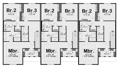 Upper-floor plan drawing with 3 units, each having Mbr, 2Br, 2Ba, Ldry, and stairs. House Plan # 963-01353
