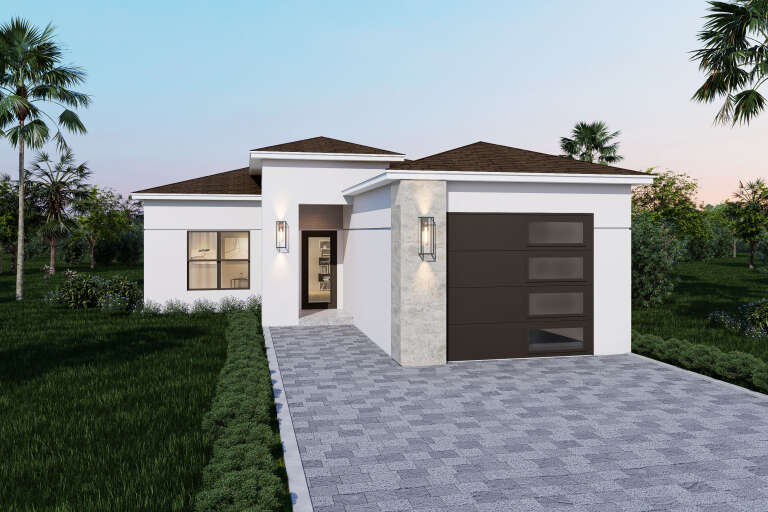 Front view of a white house in Contemporary style, stone accent, dark garage door, hip roof, and modern wall sconces. House Plan # 5565-00189