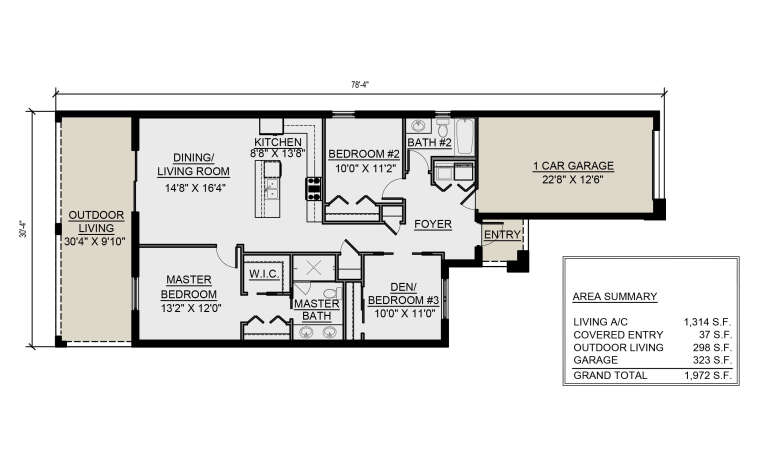 Main floor plan drawing with 3BR, 2BA, living/dining, kitchen, WIC, 1-car garage, foyer, and outdoor living area. House Plan # 5565-00189