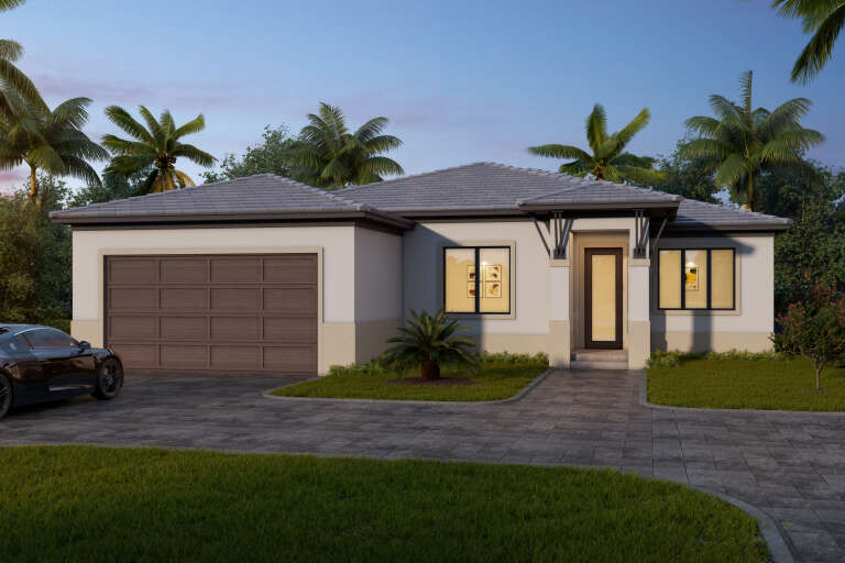 Front view of a grey Contemporary house, tile roof, brown garage door, stone base, and tropical landscaping. House Plan # 5565-00190
