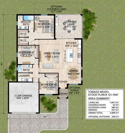 Main floor plan drawing with 3BR, 2BA, great room, kitchen, dining, 2 WIC, Ldry, 2-car garage, and covered lanai. House Plan # 5565-00190