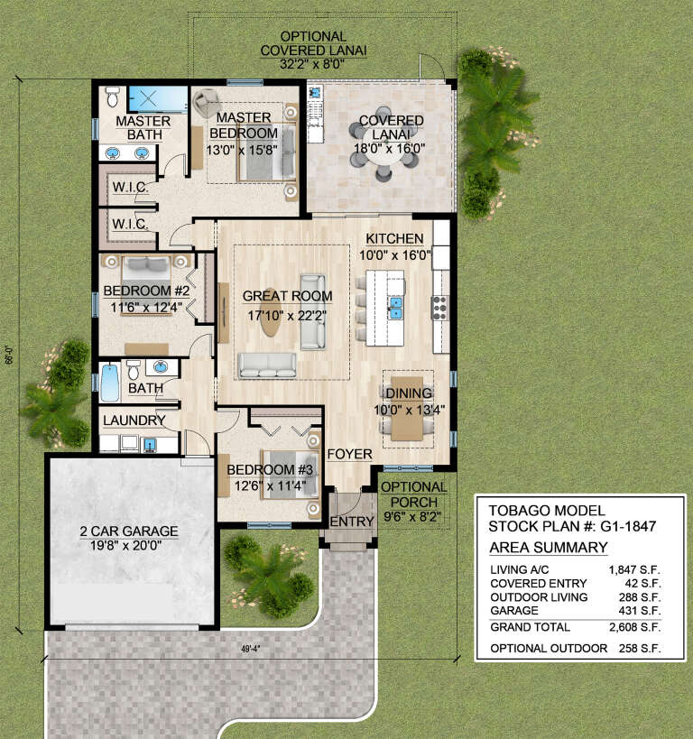 Main floor plan drawing with 3BR, 2BA, great room, kitchen, dining, 2 WIC, Ldry, 2-car garage, and covered lanai. House Plan # 5565-00190