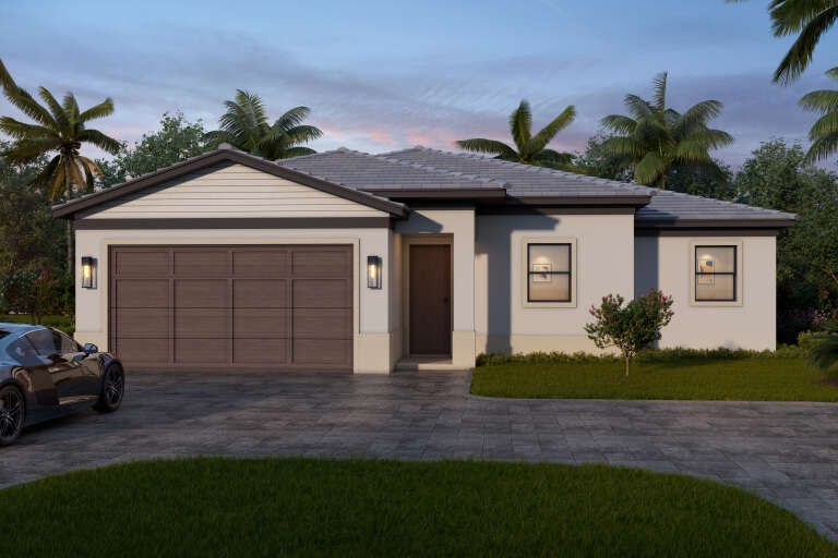 Front view of a gray Contemporary house, stucco siding, wood garage door, tiled roof, and palm tree landscaping. House Plan # 5565-00191
