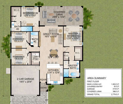 Main floor plan drawing with 4BR, 3BA, great room, kitchen, dining, WIC, Ldry, 2-car garage, and covered lanai. House Plan # 5565-00191