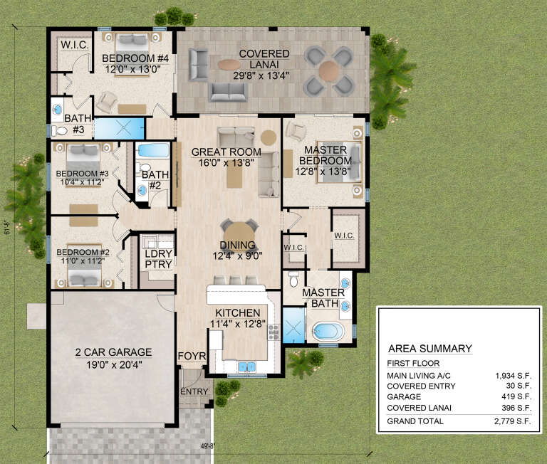 Main floor plan drawing with 4BR, 3BA, great room, kitchen, dining, WIC, Ldry, 2-car garage, and covered lanai. House Plan # 5565-00191