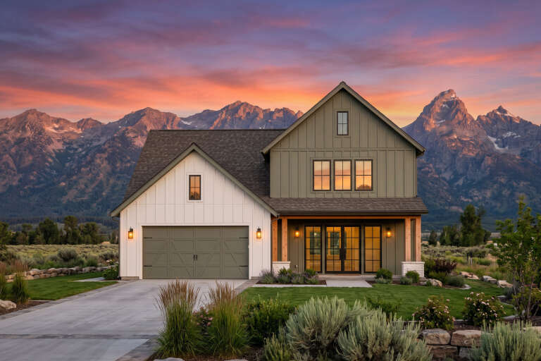 Front view of a green and white house in Modern Farmhouse style, board-and-batten siding, wood posts, and mountain view. House Plan # 7983-00220