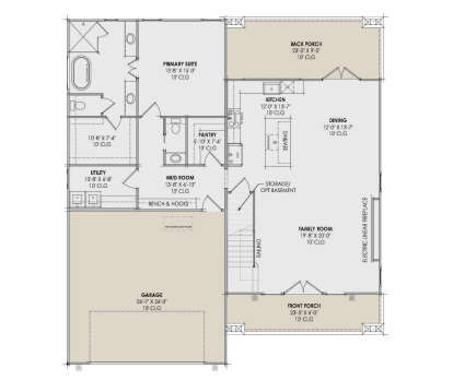 Main floor plan drawing with 1BR, 1.5BA, open kitchen/dining/family room, fireplace, pantry, Ldry, 2-car garage, 2 porches. House Plan # 7983-00220