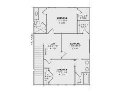 Second-floor plan drawing with 3BR, 2BA, loft, WIC, stairs, attic access, and 9' ceilings. House Plan # 7983-00220