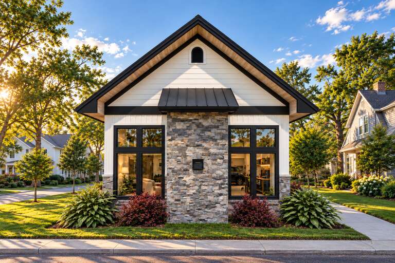 Front view of a white house, stone facade, black metal roof, large windows, and lush landscaping in a suburban setting. House Plan # 5984-00076