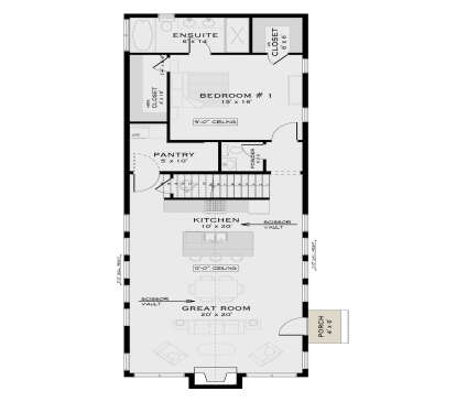 Main floor plan drawing with 1BR, ensuite, powder room, kitchen, great room, pantry, WIC, stairs, porch, scissor vault. House Plan # 5984-00076