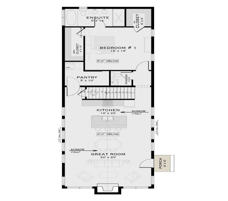 Main floor plan drawing with 1BR, ensuite, powder room, kitchen, great room, pantry, WIC, stairs, porch, scissor vault. House Plan # 5984-00076