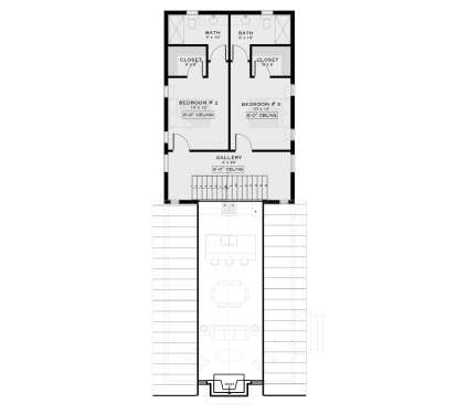 Second-floor plan drawing with 2BR, 2BA, gallery, stairs, open kitchen, dining, living area, fireplace, and large deck. House Plan # 5984-00076