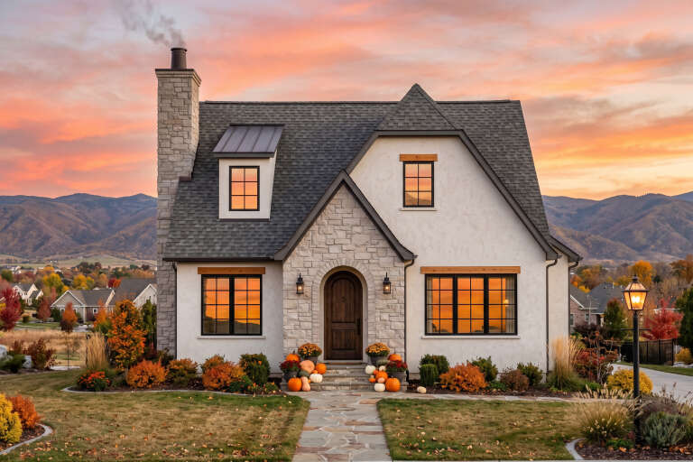 Front view of a white house in French Country style, stone chimney, stucco siding, arched entry, and autumn landscaping. House Plan # 7983-00221