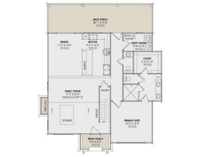 Main floor plan drawing with 1BR, 1.5BA, kitchen, dining, family room with vault, pantry, utility, WIC, and dual porches. House Plan # 7983-00221