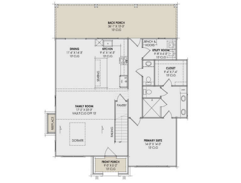 Main floor plan drawing with 1BR, 1.5BA, kitchen, dining, family room with vault, pantry, utility, WIC, and dual porches. House Plan # 7983-00221
