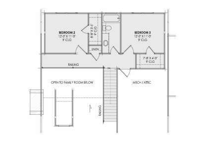 Second-floor plan drawing with 2BR, 1BA, linen closet, stairs, open-to-below area, and mech/attic space. House Plan # 7983-00221