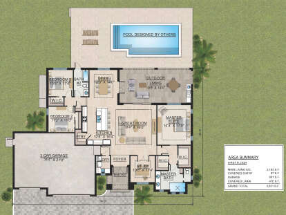 First-floor plan drawing with 3BR, 2.5BA, study, great room, kitchen, pantry, Ldry, 3-car garage, and outdoor living space. House Plan # 5565-00192