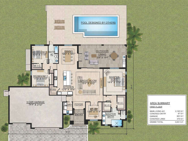 First-floor plan drawing with 3BR, 2.5BA, study, great room, kitchen, pantry, Ldry, 3-car garage, and outdoor living space. House Plan # 5565-00192