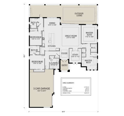Main floor plan drawing with 3BR, 2.5BA, great room, kitchen, dining, study, WIC, Ldry, 3-car garage, and outdoor living. House Plan # 5565-00193