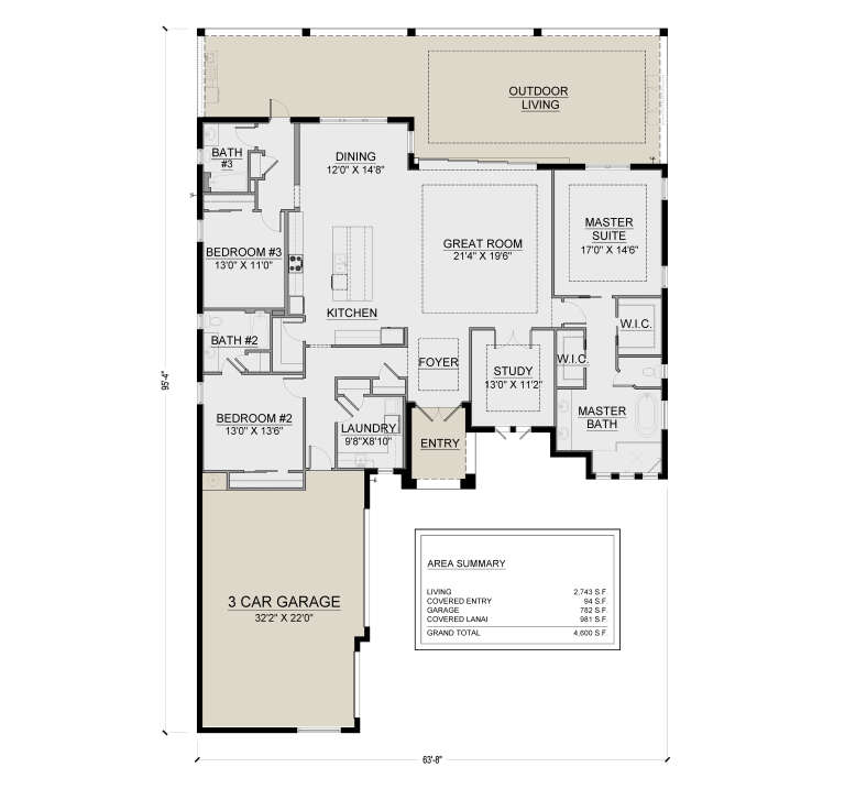 Main floor plan drawing with 3BR, 2.5BA, great room, kitchen, dining, study, WIC, Ldry, 3-car garage, and outdoor living. House Plan # 5565-00193