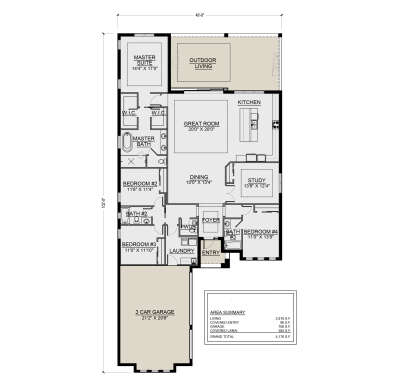 Main floor plan drawing with 4BR, 3.5BA, great room, kitchen, study, Ldry, 2 WIC, 3-car garage, and outdoor living area. House Plan # 5565-00194