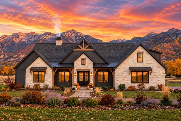 Front view of a cream stone and dark siding house, gabled roof, timber accents, and autumn landscaping at sunset. House Plan # 7983-00222
