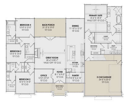 Main floor plan drawing with 4BR, 3.5BA, great room, kitchen, office, pantry, mudroom, 2-car garage, and dual porches. House Plan # 7983-00222