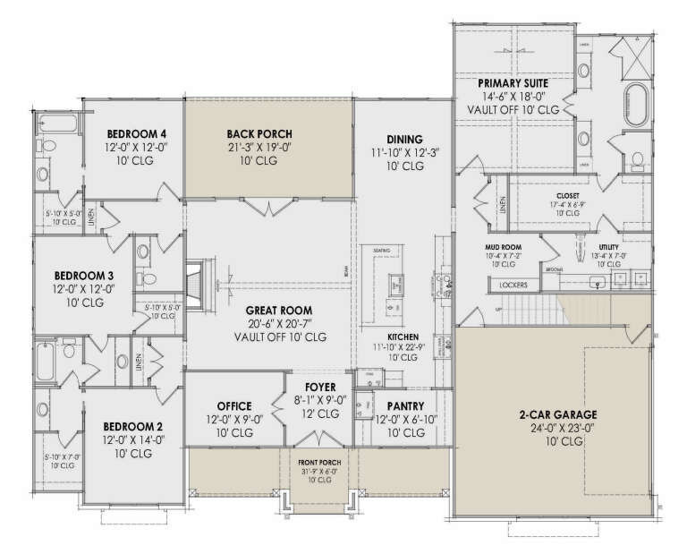 Main floor plan drawing with 4BR, 3.5BA, great room, kitchen, office, pantry, mudroom, 2-car garage, and dual porches. House Plan # 7983-00222