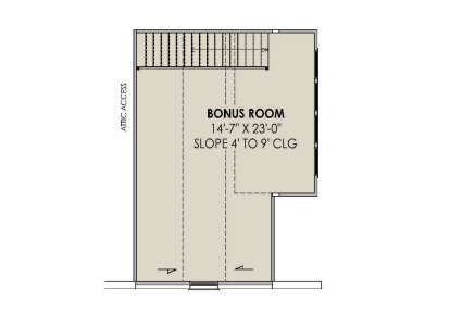 Bonus room floor plan drawing with stairs, attic access, and sloped ceilings from 4' to 9'. House Plan # 7983-00222