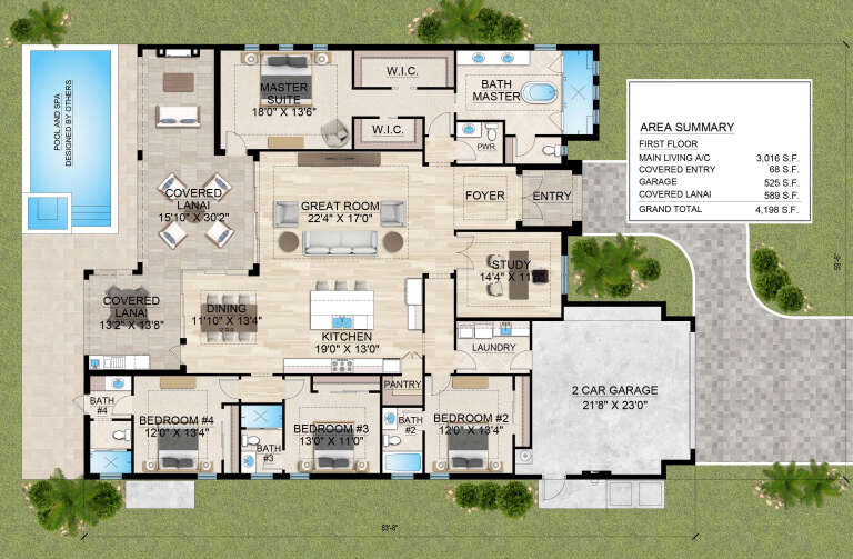 Main floor plan drawing with 4BR, 4BA, great room, study, kitchen, pantry, Ldry, 2 WIC, 2-car garage, and covered lanai. House Plan # 5565-00195