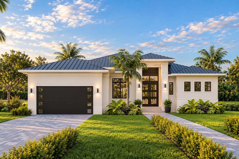 Front view of a white house in Contemporary style, dark metal roof, black garage door, large windows, and palm trees. House Plan # 5565-00196
