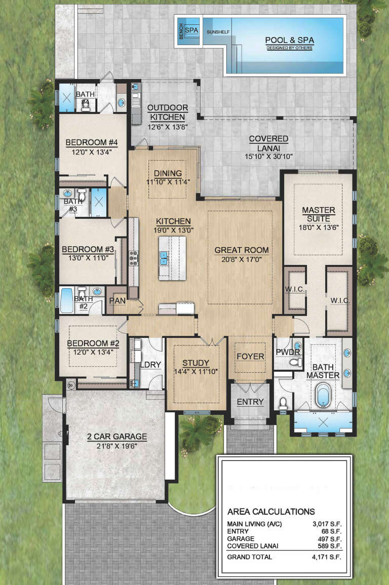 Main floor plan drawing with 4BR, 3.5BA, great room, kitchen, study, 2-car garage, outdoor kitchen, and covered lanai. House Plan # 5565-00196