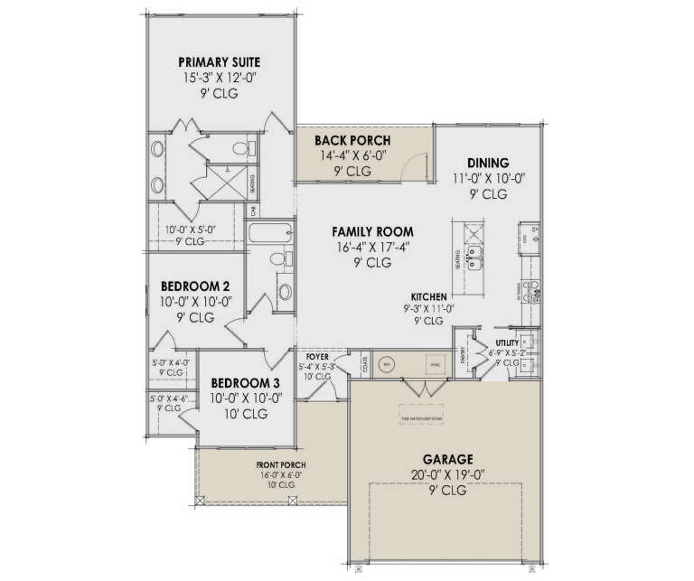 Main floor plan drawing with 3BR, 2BA, kitchen, family room, dining, pantry, Ldry, 2-car garage, front and back porches. House Plan # 7983-00223