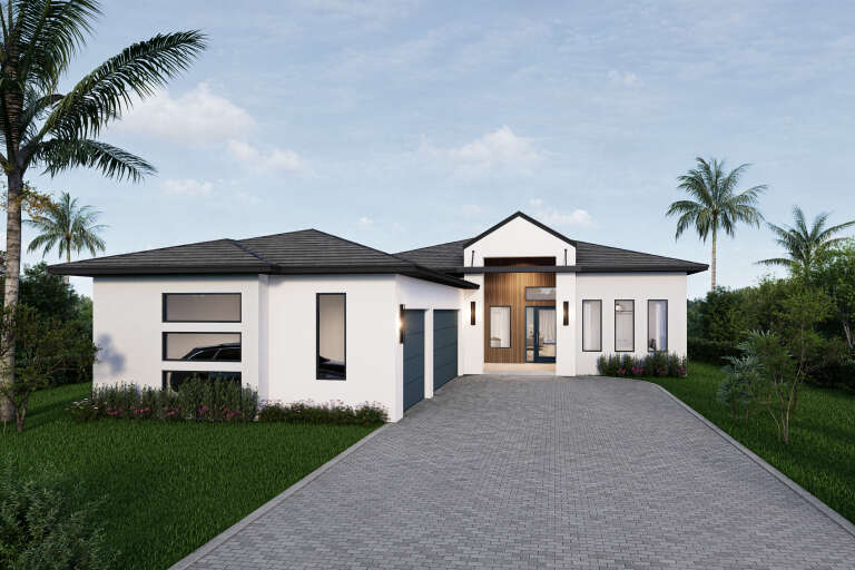 Front view of a white house in Contemporary style, wood siding accents, dark garage doors, and palm tree landscaping. House Plan # 5565-00197