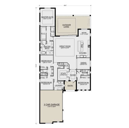 Main floor plan drawing with 4BR, 3.5BA, great room, kitchen, dining, study, Ldry, WIC, 3-car garage, and outdoor living. House Plan # 5565-00197