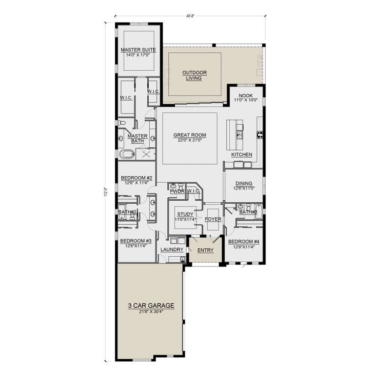 Main floor plan drawing with 4BR, 3.5BA, great room, kitchen, dining, study, Ldry, WIC, 3-car garage, and outdoor living. House Plan # 5565-00197