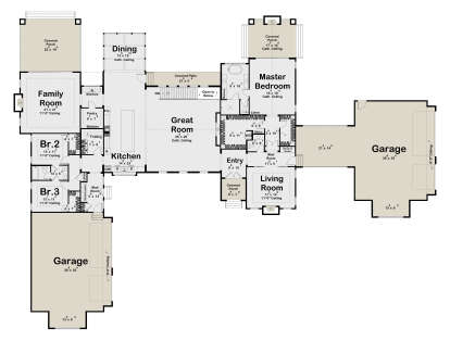Main floor plan drawing with 3BR, 3BA, great room, kitchen, dining, 2 garages, mudrooms, porches, and cathedral ceilings. House Plan # 963-01354