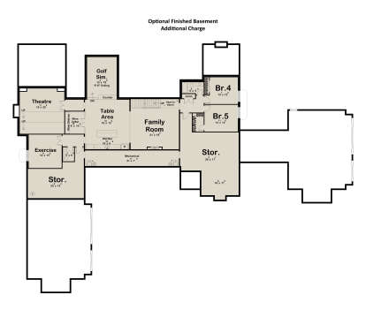 Basement floor plan drawing with 2BR, 1BA, theatre, golf sim, wine cellar, exercise room, family room, wet bar, and storage. House Plan # 963-01354