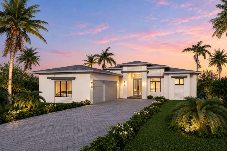 Angled front view of a white house in Contemporary style, hip roof, two-car garage, palm trees, and illuminated entry. House Plan # 5565-00198