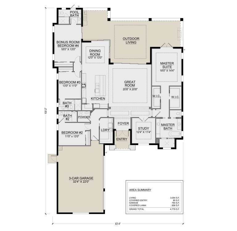 Main floor plan drawing with 4BR, 3.5BA, kitchen, great room, study, Ldry, 3-car garage, WICs, and outdoor living space. House Plan # 5565-00198