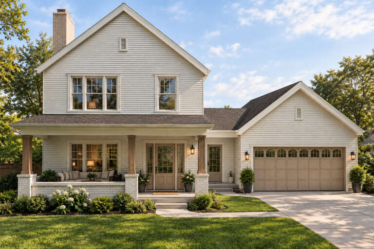 Front view of a white house in Modern Farmhouse style, covered porch, wood columns, brick chimney, and attached garage. House Plan # 6779-00013