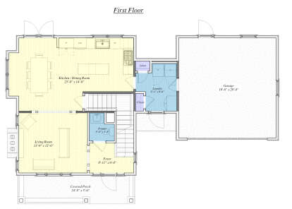 First-floor plan drawing with kitchen, dining, living room, powder room, Ldry, linen closet, 2-car garage, and porch. House Plan # 6779-00013