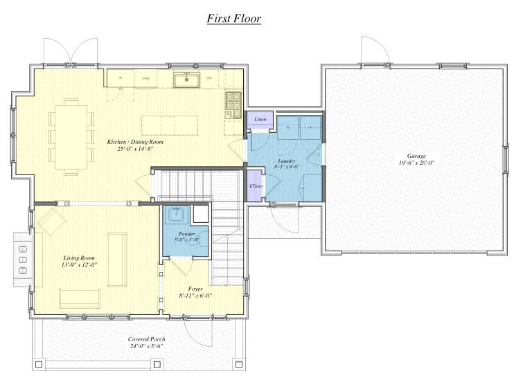 First-floor plan drawing with kitchen, dining, living room, powder room, Ldry, linen closet, 2-car garage, and porch. House Plan # 6779-00013