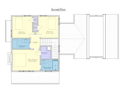Second floor plan drawing with 3BR, 2BA, landing, WIC, stairs, and roof deck area. House Plan # 6779-00013