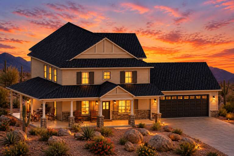 Angled front view of a tan house in Craftsman style, stone base, wrap-around porch, dark garage, and desert landscaping. House Plan # 3371-00001