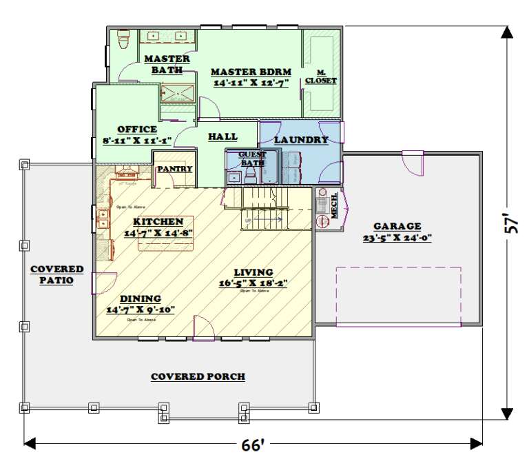Main floor plan drawing with 1BR, 2BA, office, kitchen, living, dining, pantry, Ldry, 2-car garage, patio, and porch. House Plan # 3371-00001